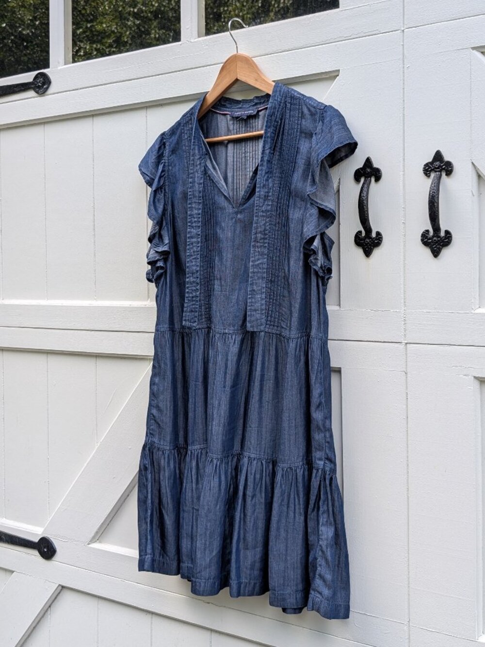 Tommy Hilfiger Blue 100% Lyocell Chambray Pintuck Flutter Sleeve Tiered Dress 12